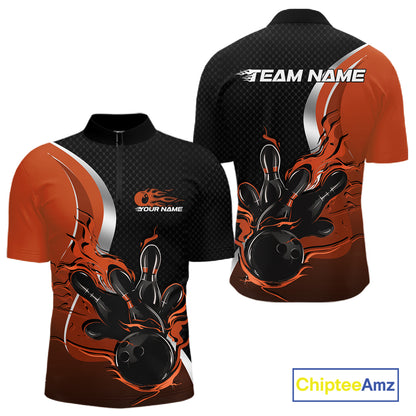 Custom Black And Orange Flame Bowling Team Jersey, Bowling Quarter Zip Shirt For Men IPHW12010