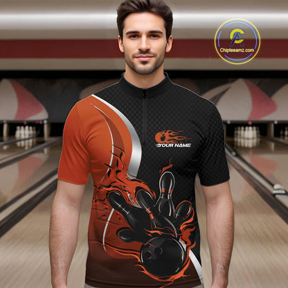 Custom Black And Orange Flame Bowling Team Jersey, Bowling Quarter Zip Shirt For Men IPHW12010