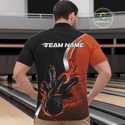 Custom Black And Orange Flame Bowling Team Jersey, Bowling Quarter Zip Shirt For Men IPHW12010