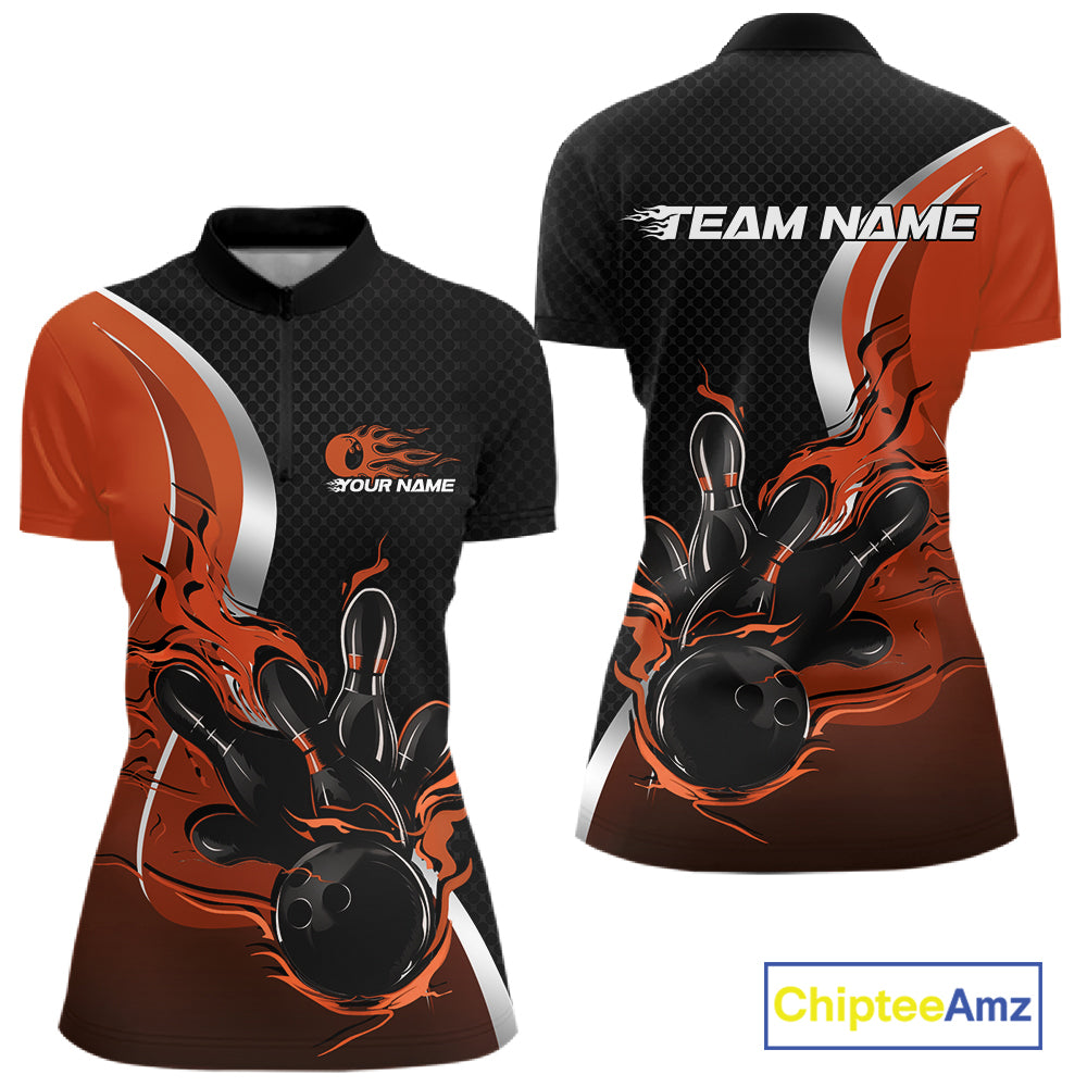 Custom Black And Orange Flame Bowling Team Jersey, Bowling Quarter-Zip Shirt For Women IPHW12010