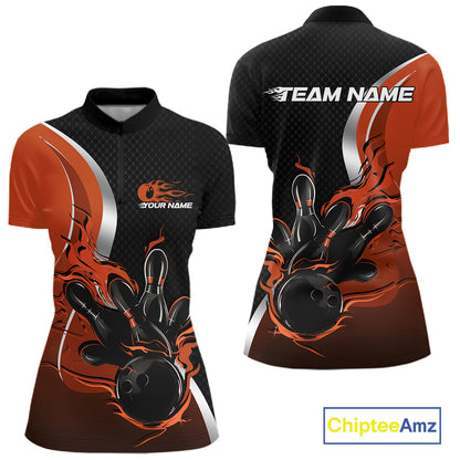 Custom Black And Orange Flame Bowling Team Jersey, Bowling Quarter-Zip Shirt For Women IPHW12010