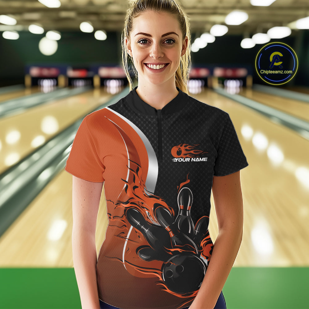 Custom Black And Orange Flame Bowling Team Jersey, Bowling Quarter-Zip Shirt For Women IPHW12010