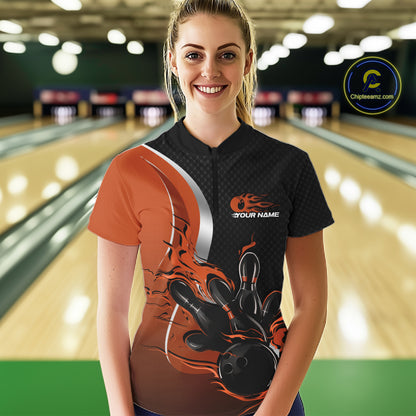 Custom Black And Orange Flame Bowling Team Jersey, Bowling Quarter-Zip Shirt For Women IPHW12010