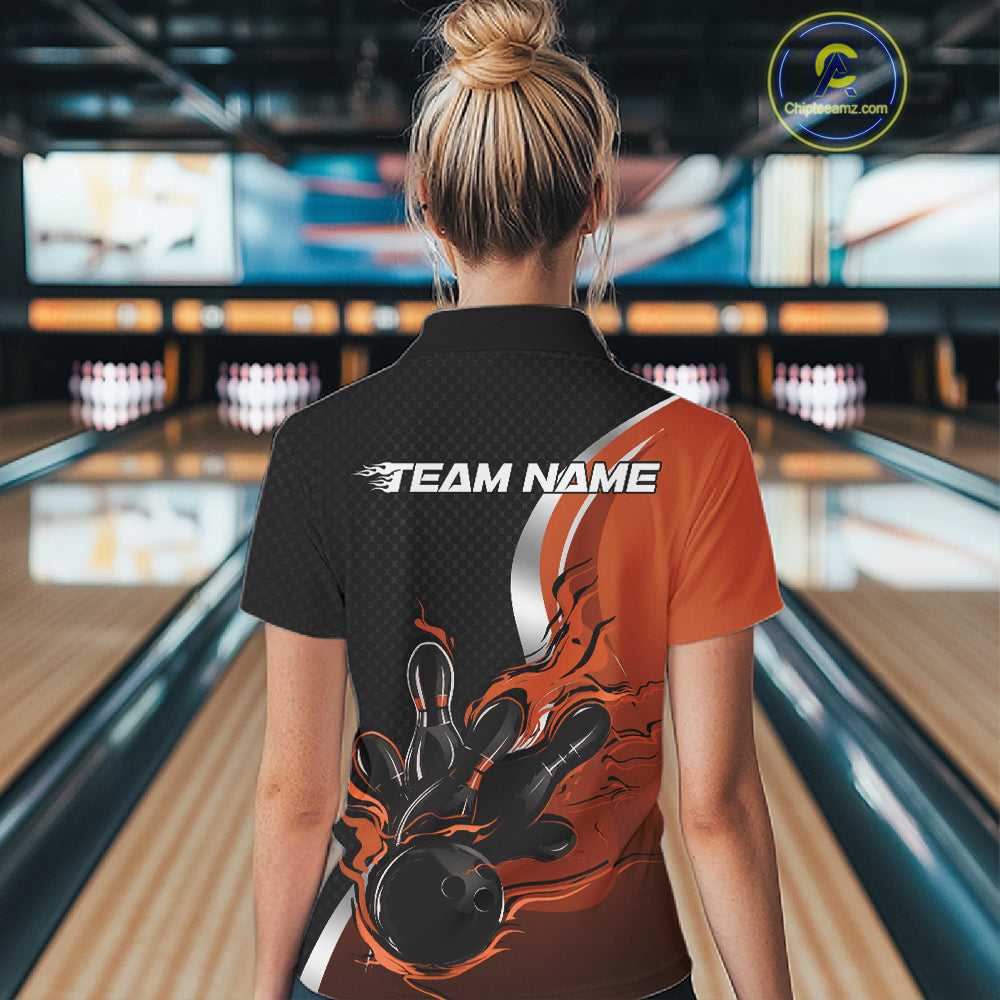 Custom Black And Orange Flame Bowling Team Jersey, Bowling Quarter-Zip Shirt For Women IPHW12010