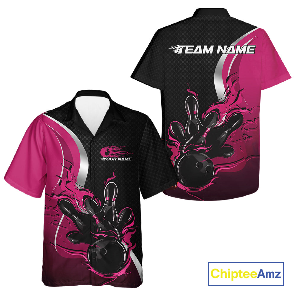 Custom Black And Pink Flame Bowling Team Jersey, Bowling Button Up Shirt For Men And Women IPHW12011