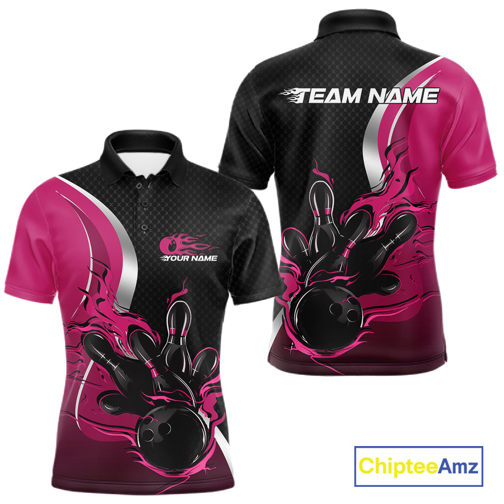 Custom Black And Pink Flame Bowling Team Jersey, Bowling Polo Shirt For Men IPHW12011