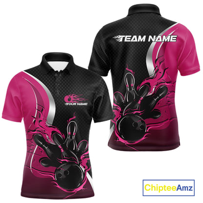 Custom Black And Pink Flame Bowling Team Jersey, Bowling Polo Shirt For Men IPHW12011