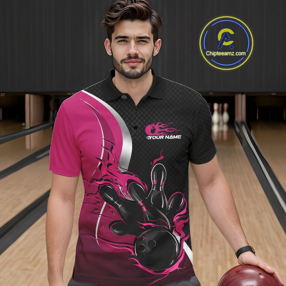 Custom Black And Pink Flame Bowling Team Jersey, Bowling Polo Shirt For Men IPHW12011