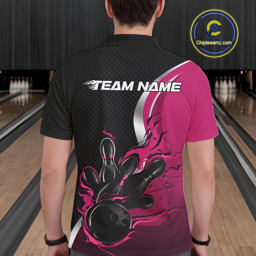 Custom Black And Pink Flame Bowling Team Jersey, Bowling Polo Shirt For Men IPHW12011