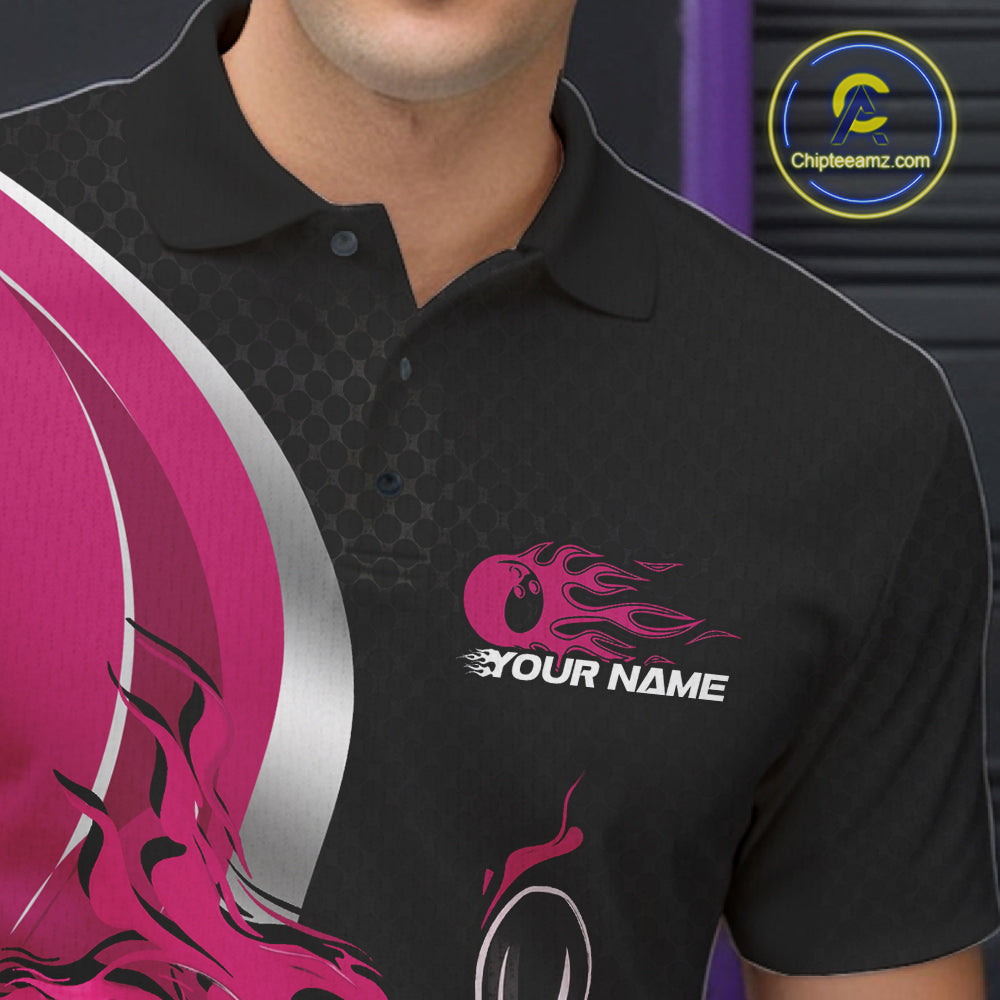 Custom Black And Pink Flame Bowling Team Jersey, Bowling Polo Shirt For Men IPHW12011