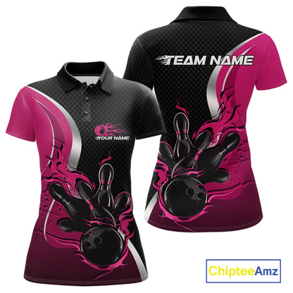 Custom Black And Pink Flame Bowling Team Jersey, Bowling Polo Shirt For Women IPHW12011