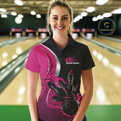 Custom Black And Pink Flame Bowling Team Jersey, Bowling Polo Shirt For Women IPHW12011