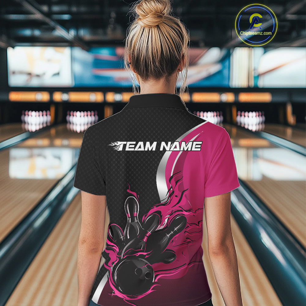 Custom Black And Pink Flame Bowling Team Jersey, Bowling Polo Shirt For Women IPHW12011