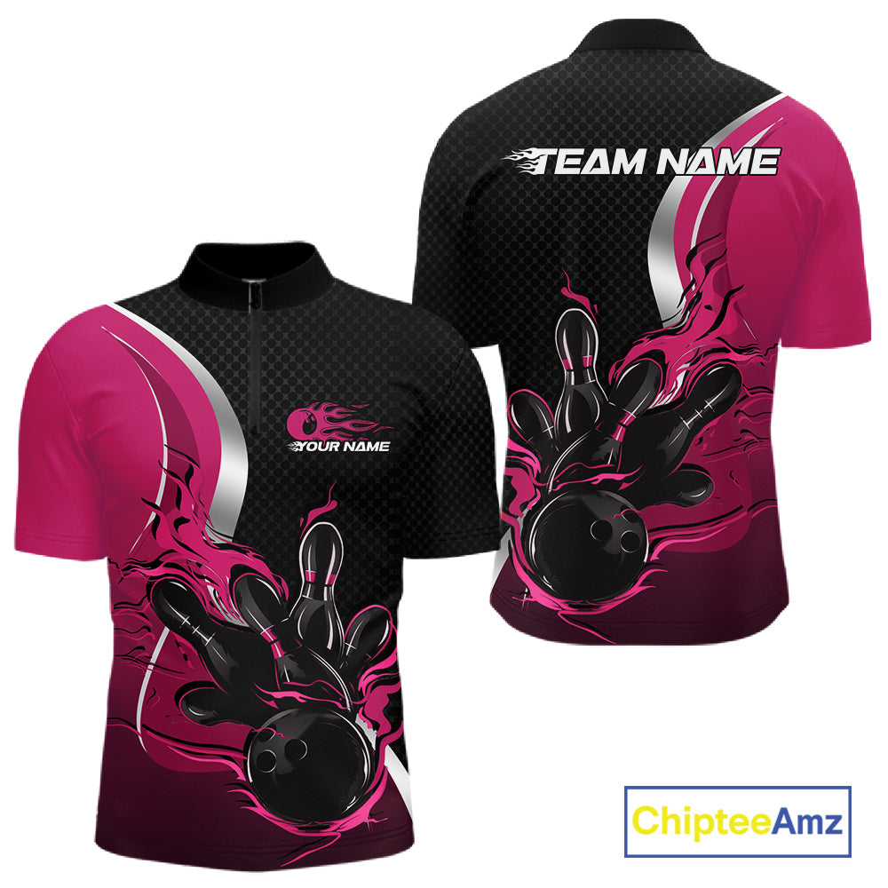 Custom Black And Pink Flame Bowling Team Jersey, Bowling Quarter Zip Shirt For Men IPHW12011