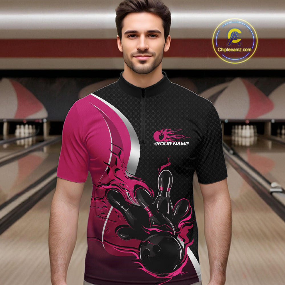 Custom Black And Pink Flame Bowling Team Jersey, Bowling Quarter Zip Shirt For Men IPHW12011