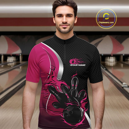 Custom Black And Pink Flame Bowling Team Jersey, Bowling Quarter Zip Shirt For Men IPHW12011
