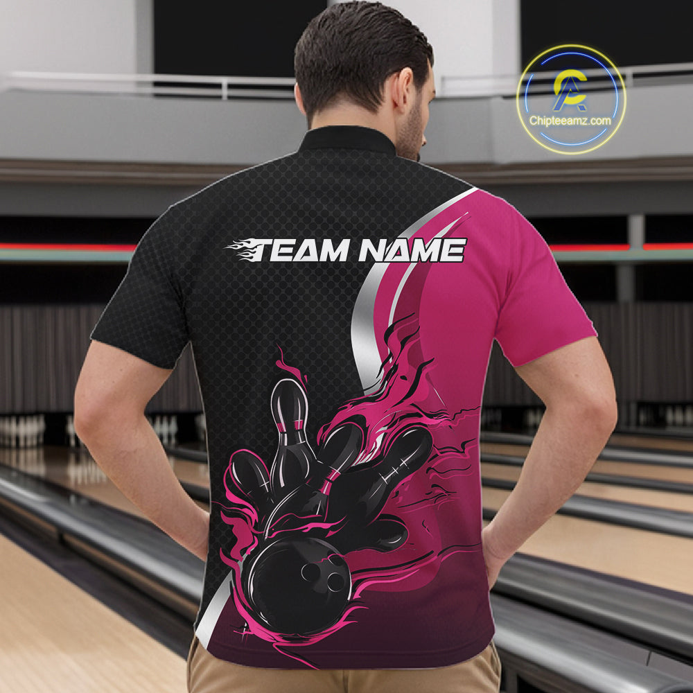 Custom Black And Pink Flame Bowling Team Jersey, Bowling Quarter Zip Shirt For Men IPHW12011