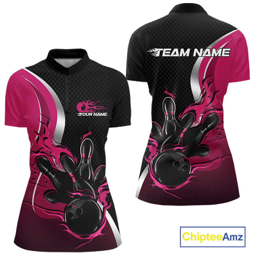 Custom Black And Pink Flame Bowling Team Jersey, Bowling Quarter-Zip Shirt For Women IPHW12011
