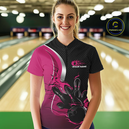Custom Black And Pink Flame Bowling Team Jersey, Bowling Quarter-Zip Shirt For Women IPHW12011