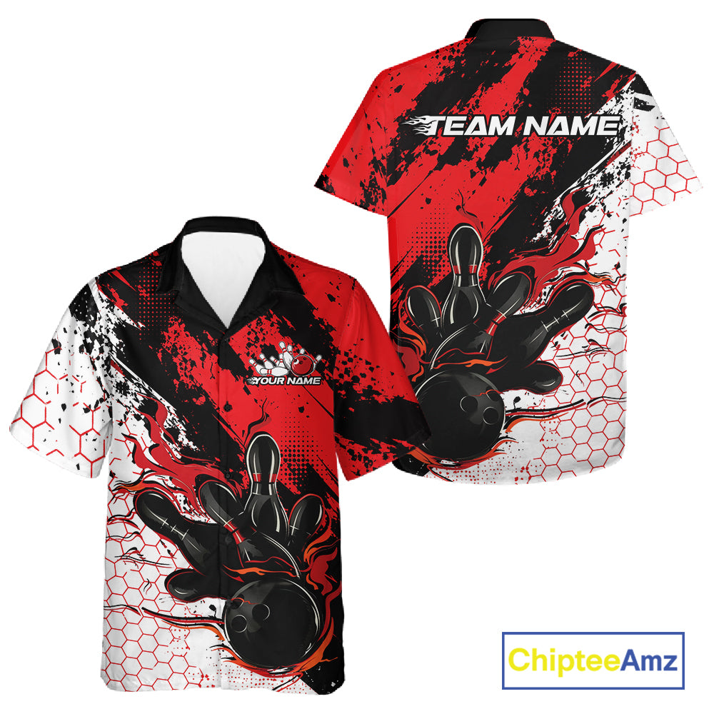 Custom Black, White And Red Flame Bowling Jersey, Bowling Team Men And Women Button Up Shirt IPHW12016