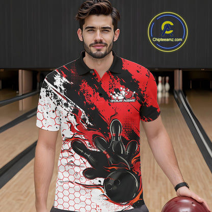 Custom Black, White And Red Flame Bowling Jersey, Bowling Team Men Polo Shirt IPHW12016