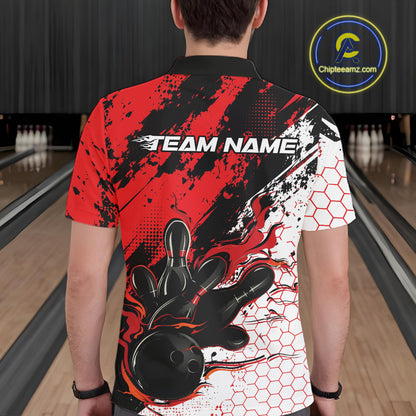Custom Black, White And Red Flame Bowling Jersey, Bowling Team Men Polo Shirt IPHW12016