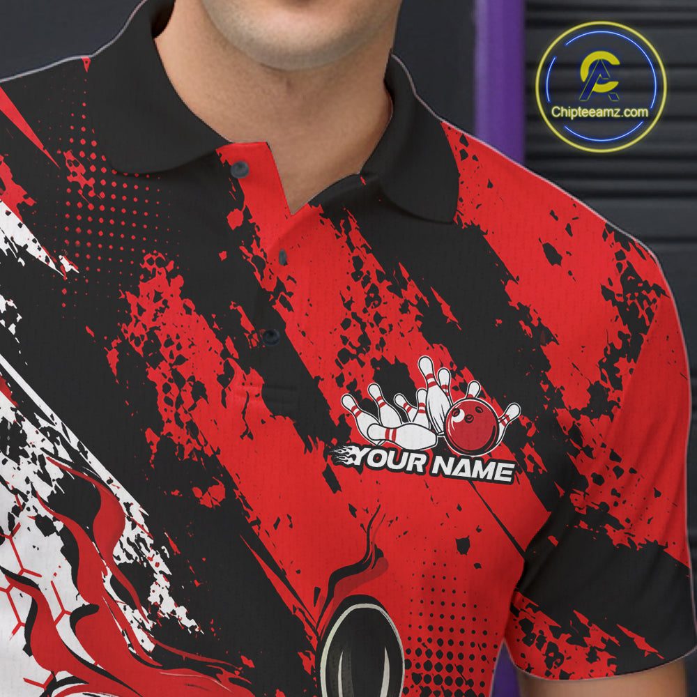 Custom Black, White And Red Flame Bowling Jersey, Bowling Team Men Polo Shirt IPHW12016