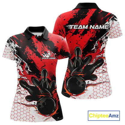 Custom Black, White And Red Flame Bowling Jersey, Bowling Team Women Polo Shirt IPHW12016