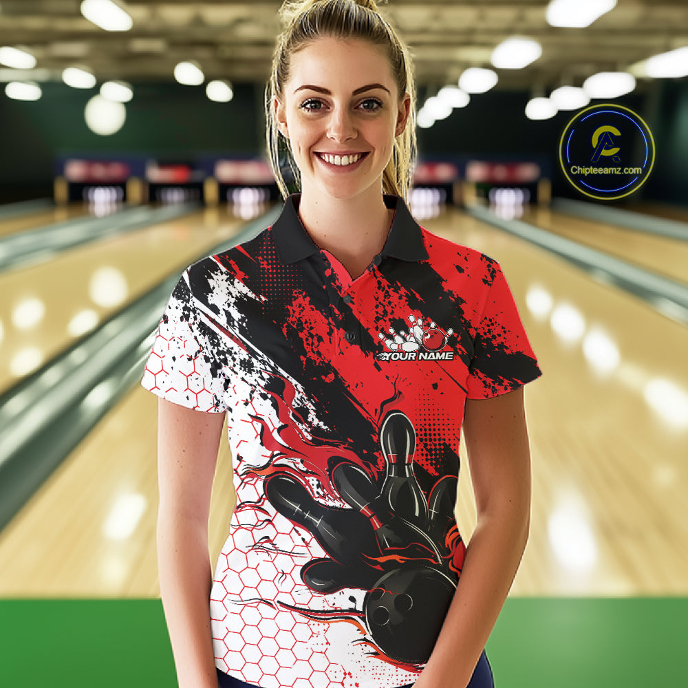 Custom Black, White And Red Flame Bowling Jersey, Bowling Team Women Polo Shirt IPHW12016