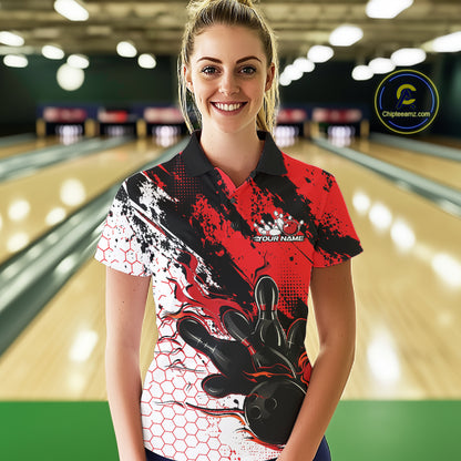 Custom Black, White And Red Flame Bowling Jersey, Bowling Team Women Polo Shirt IPHW12016