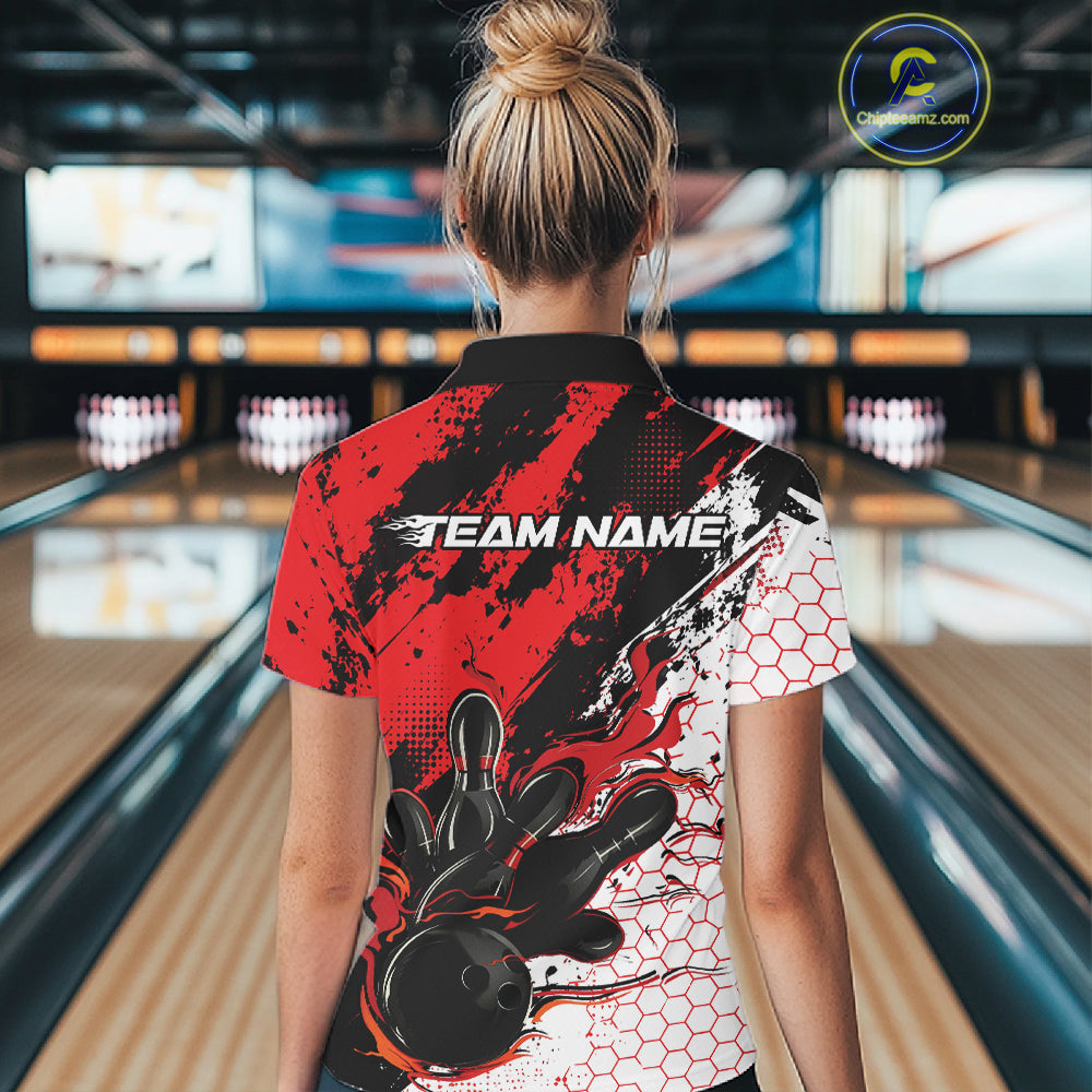 Custom Black, White And Red Flame Bowling Jersey, Bowling Team Women Polo Shirt IPHW12016