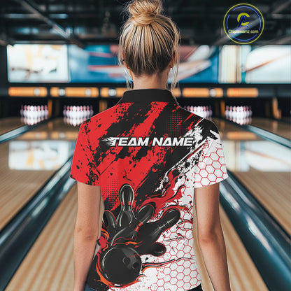 Custom Black, White And Red Flame Bowling Jersey, Bowling Team Women Polo Shirt IPHW12016