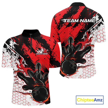 Custom Black, White And Red Flame Bowling Jersey, Bowling Team Men Quarter Zip Shirt IPHW12016