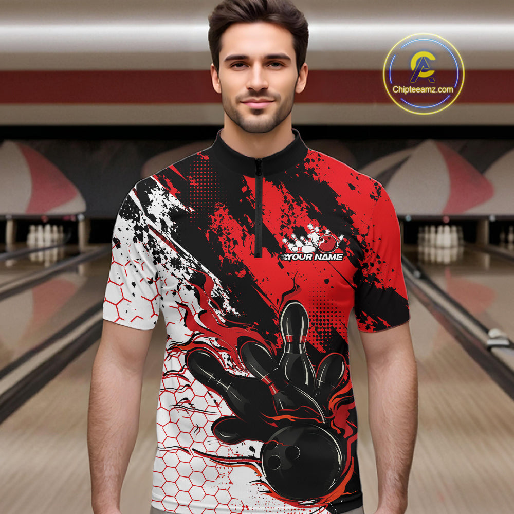 Custom Black, White And Red Flame Bowling Jersey, Bowling Team Men Quarter Zip Shirt IPHW12016
