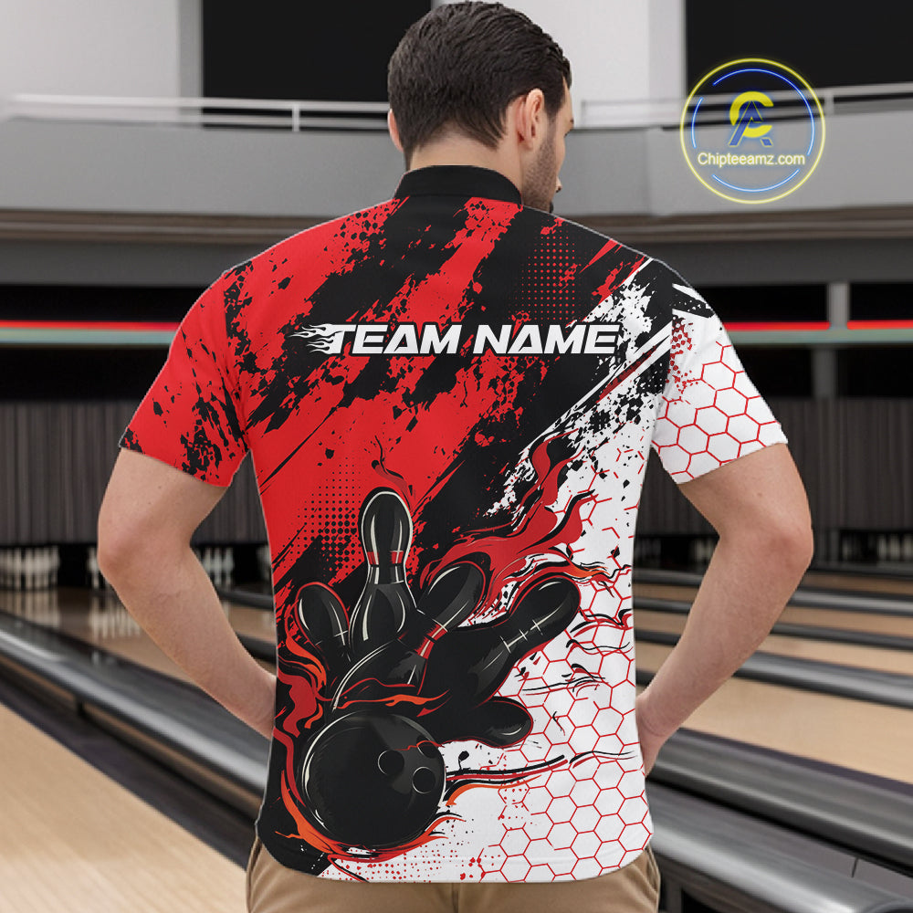 Custom Black, White And Red Flame Bowling Jersey, Bowling Team Men Quarter Zip Shirt IPHW12016