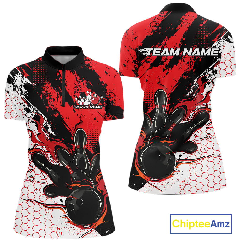 Custom Black, White And Red Flame Bowling Jersey, Bowling Team Women Quarter-Zip Shirt IPHW12016