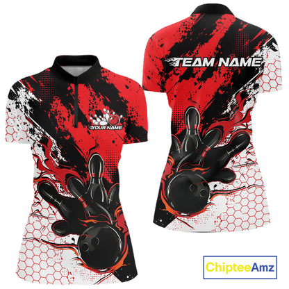 Custom Black, White And Red Flame Bowling Jersey, Bowling Team Women Quarter-Zip Shirt IPHW12016