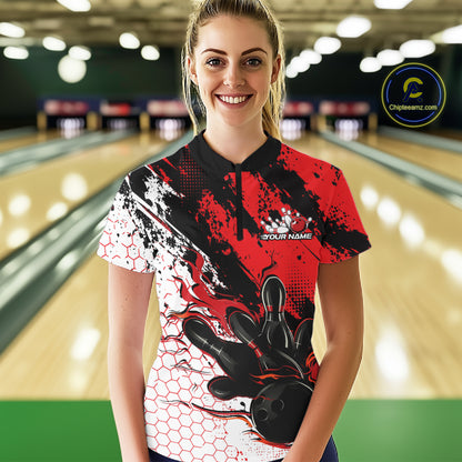 Custom Black, White And Red Flame Bowling Jersey, Bowling Team Women Quarter-Zip Shirt IPHW12016