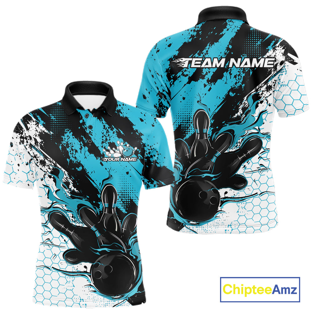 Custom Black, White And Turquoise Blue Flame Bowling Jersey, Bowling Team Men Polo Shirt IPHW12017