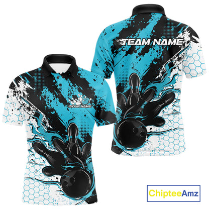 Custom Black, White And Turquoise Blue Flame Bowling Jersey, Bowling Team Men Polo Shirt IPHW12017