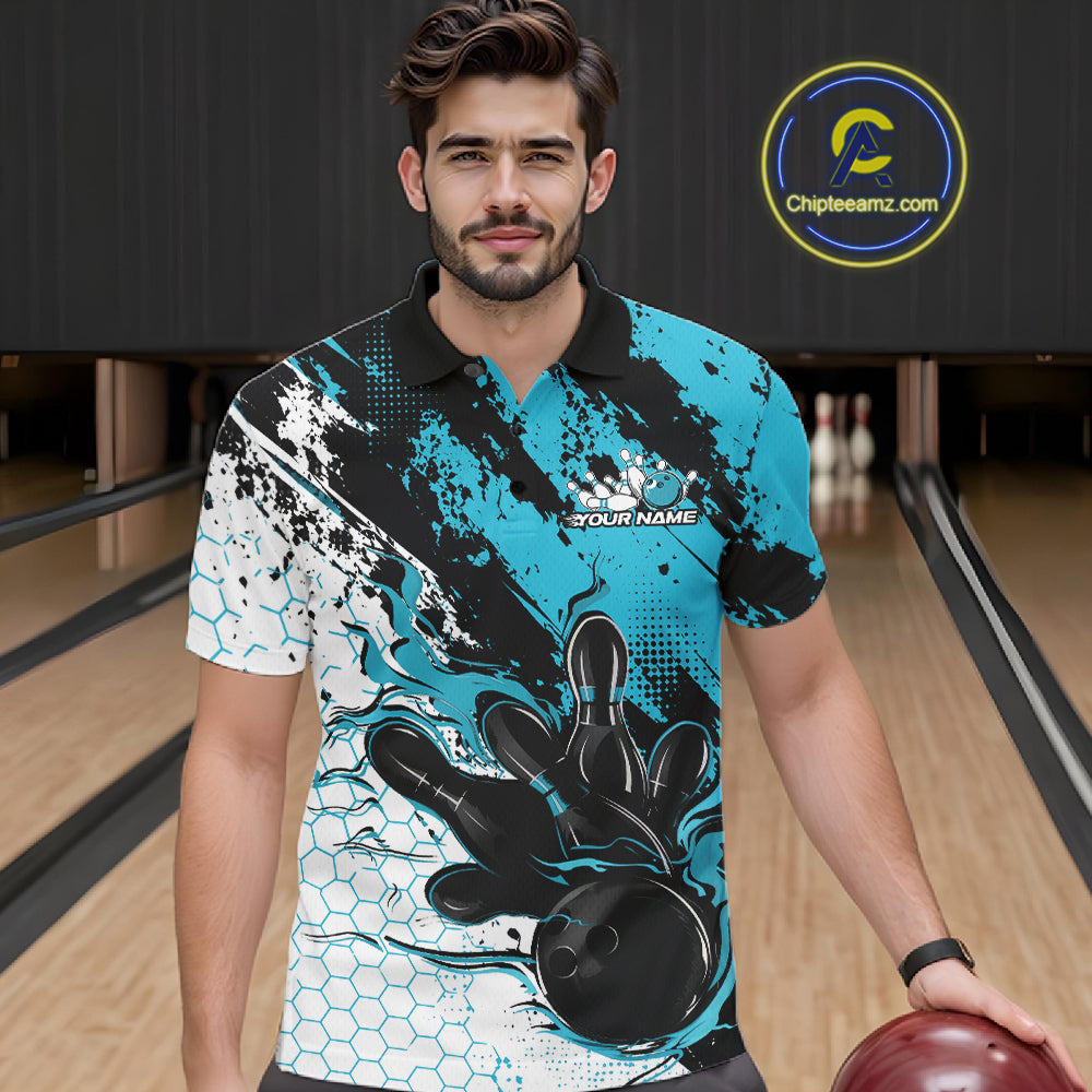 Custom Black, White And Turquoise Blue Flame Bowling Jersey, Bowling Team Men Polo Shirt IPHW12017