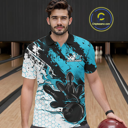 Custom Black, White And Turquoise Blue Flame Bowling Jersey, Bowling Team Men Polo Shirt IPHW12017