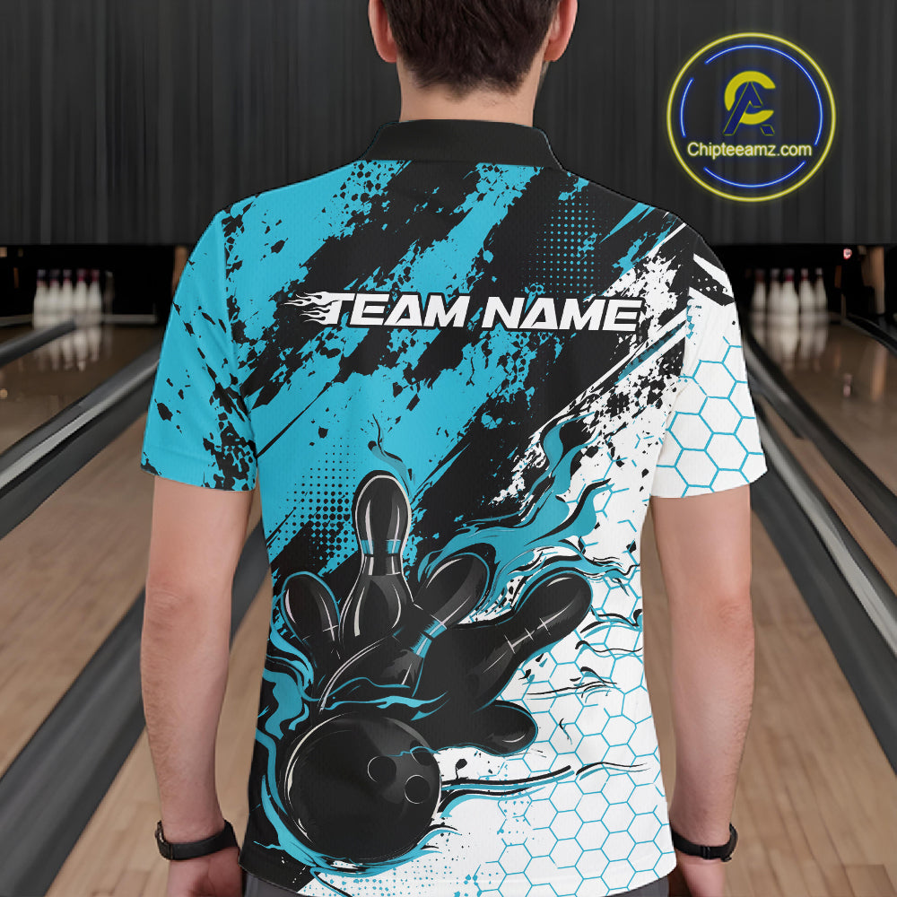 Custom Black, White And Turquoise Blue Flame Bowling Jersey, Bowling Team Men Polo Shirt IPHW12017