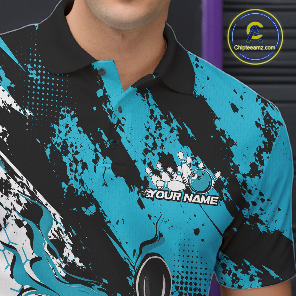 Custom Black, White And Turquoise Blue Flame Bowling Jersey, Bowling Team Men Polo Shirt IPHW12017