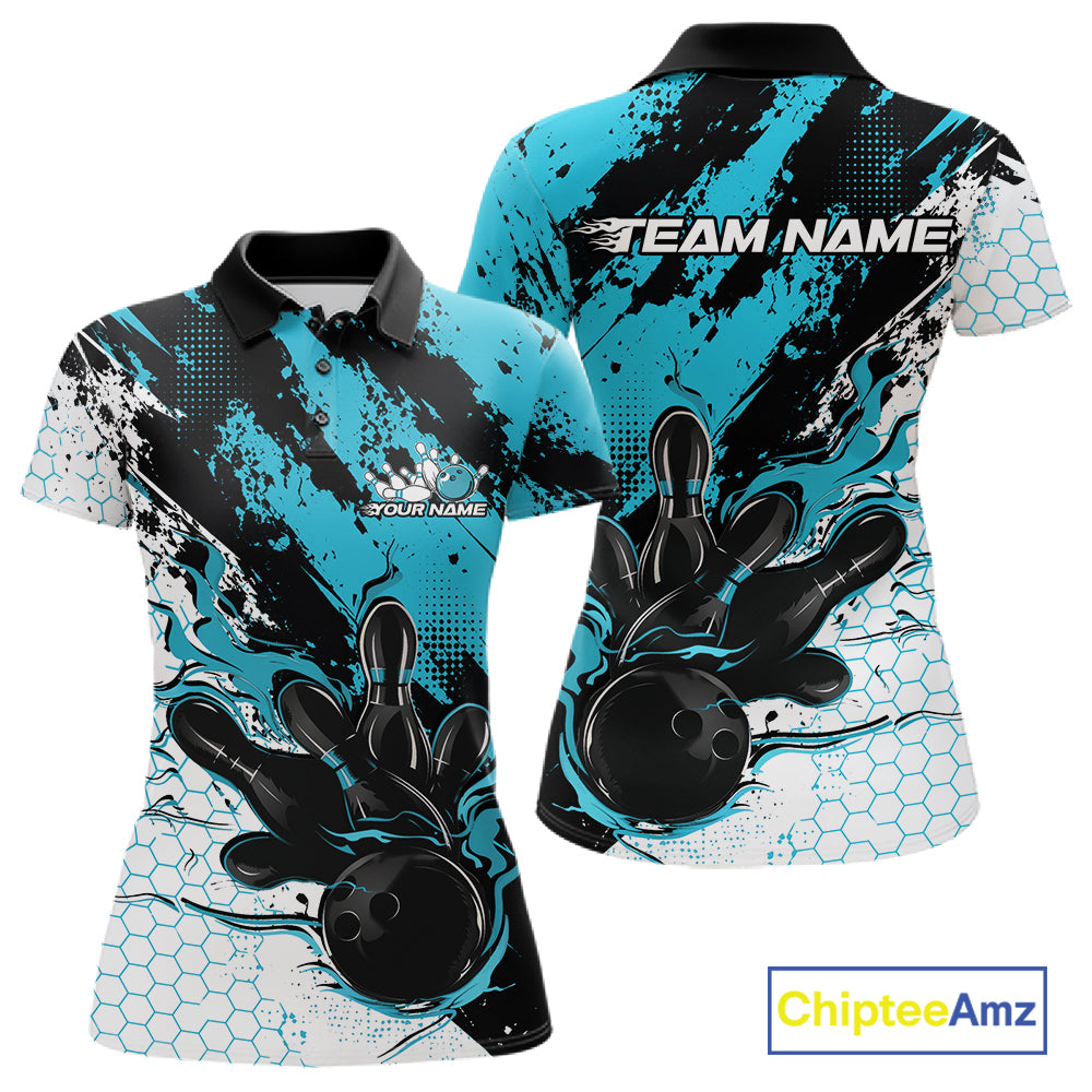 Custom Black, White And Turquoise Blue Flame Bowling Jersey, Bowling Team Women Polo Shirt IPHW12017