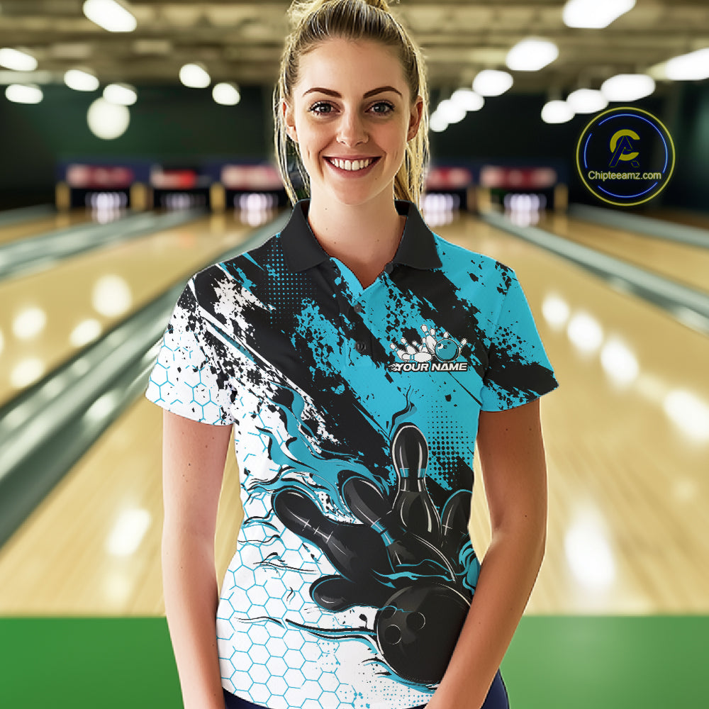 Custom Black, White And Turquoise Blue Flame Bowling Jersey, Bowling Team Women Polo Shirt IPHW12017