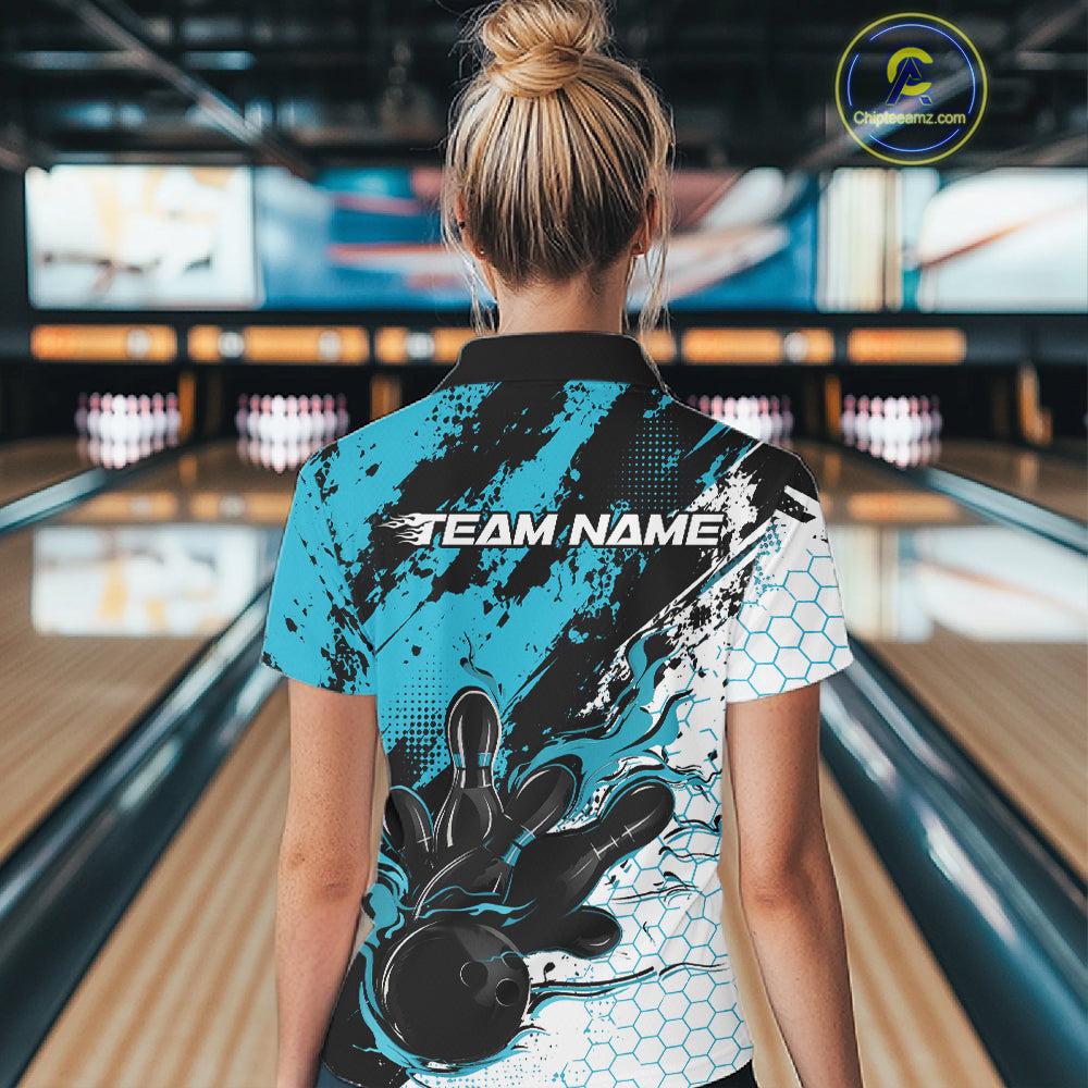 Custom Black, White And Turquoise Blue Flame Bowling Jersey, Bowling Team Women Polo Shirt IPHW12017