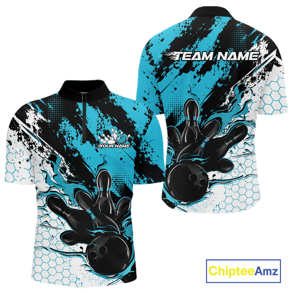 Custom Black, White And Turquoise Blue Flame Bowling Jersey, Bowling Team Men Quarter Zip Shirt IPHW12017