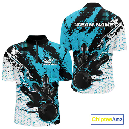 Custom Black, White And Turquoise Blue Flame Bowling Jersey, Bowling Team Men Quarter Zip Shirt IPHW12017