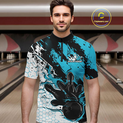 Custom Black, White And Turquoise Blue Flame Bowling Jersey, Bowling Team Men Quarter Zip Shirt IPHW12017